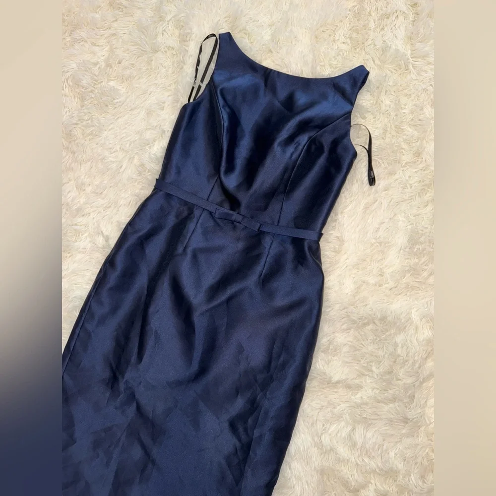 NEW Alfred Sung Strapless Bow Belt Satin Twill Column midnight blue Gown Sz 2 - Picture 4 of 8